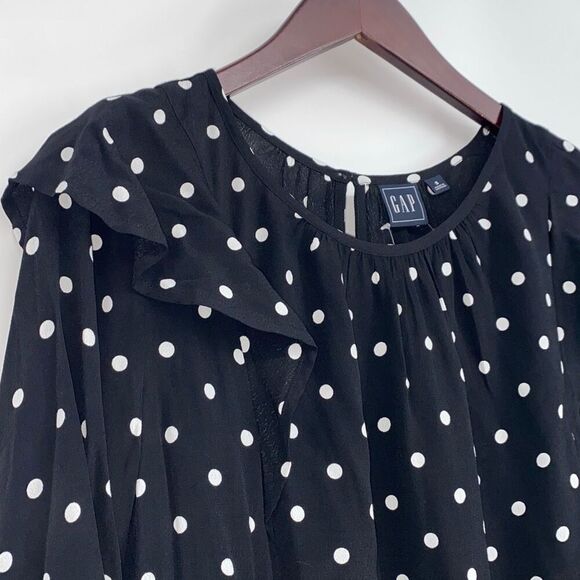 New Gap Ruffle Shoulder Long Sleeve Polka Dot‎ Blouse Rayon Black White S - Picture 4 of 16